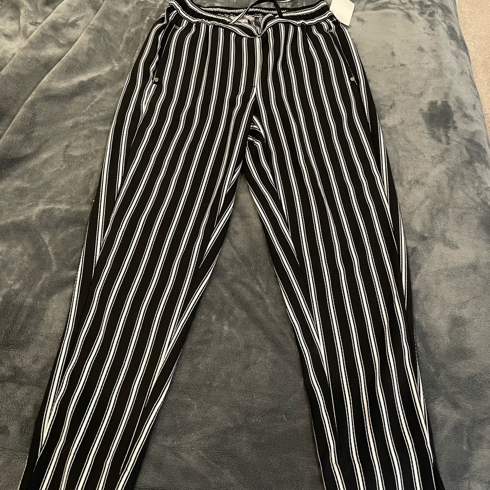 H&M Black and White Striped Trousers High-Waisted Tapered